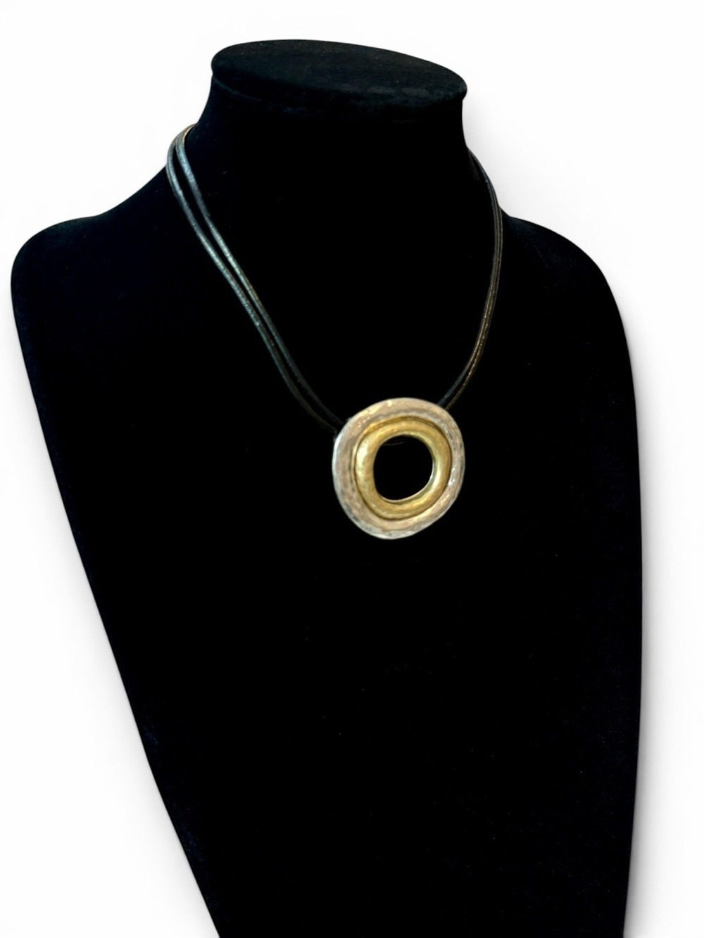 CHICO’S NWT Leather Cord Gold and Silver Circle Pendant Necklace - Picture 5 of 6